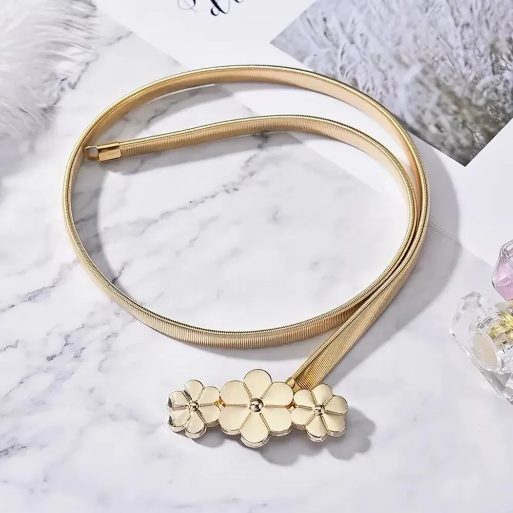 Vintage Disco Snake Chain Women’s Gold Tone Stretchy Belt Flower Buckle 26-36”